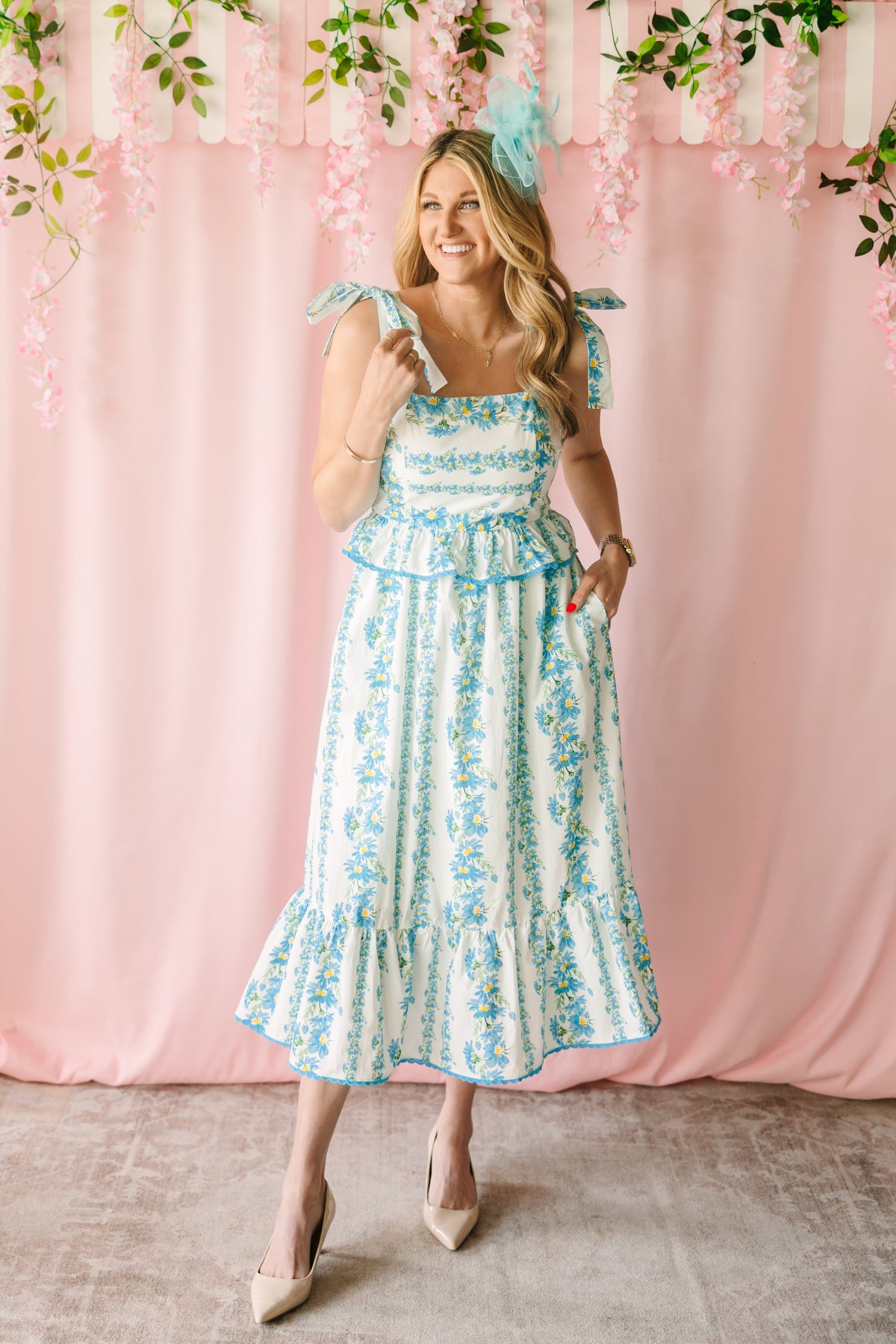Blue Floral Print Midi Dress