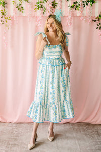 Blue Floral Print Midi Dress
