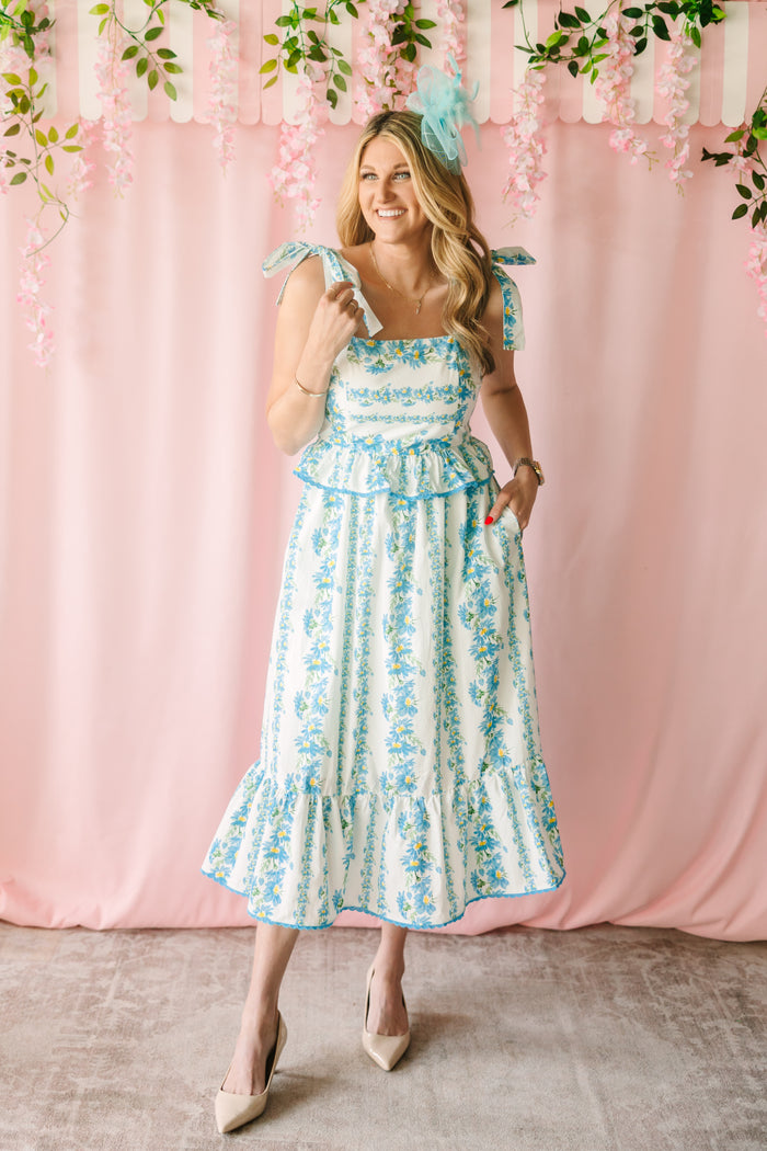 Blue Floral Print Midi Dress