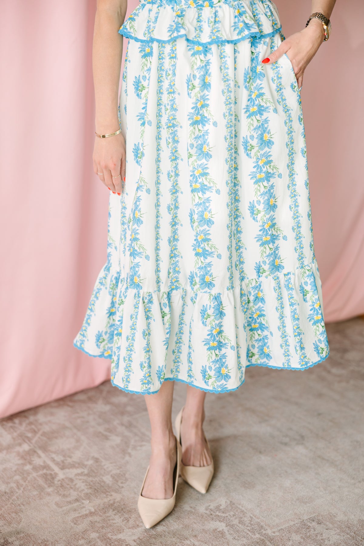 Blue Floral Print Midi Dress