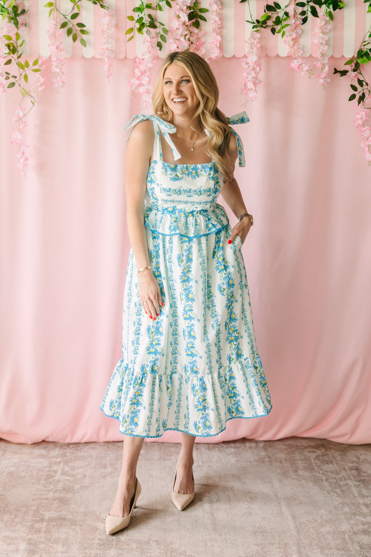 Blue Floral Print Midi Dress