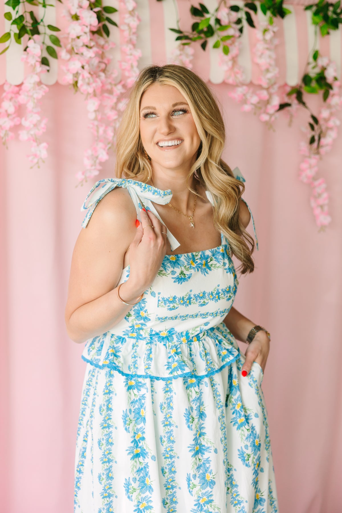 Blue Floral Print Midi Dress