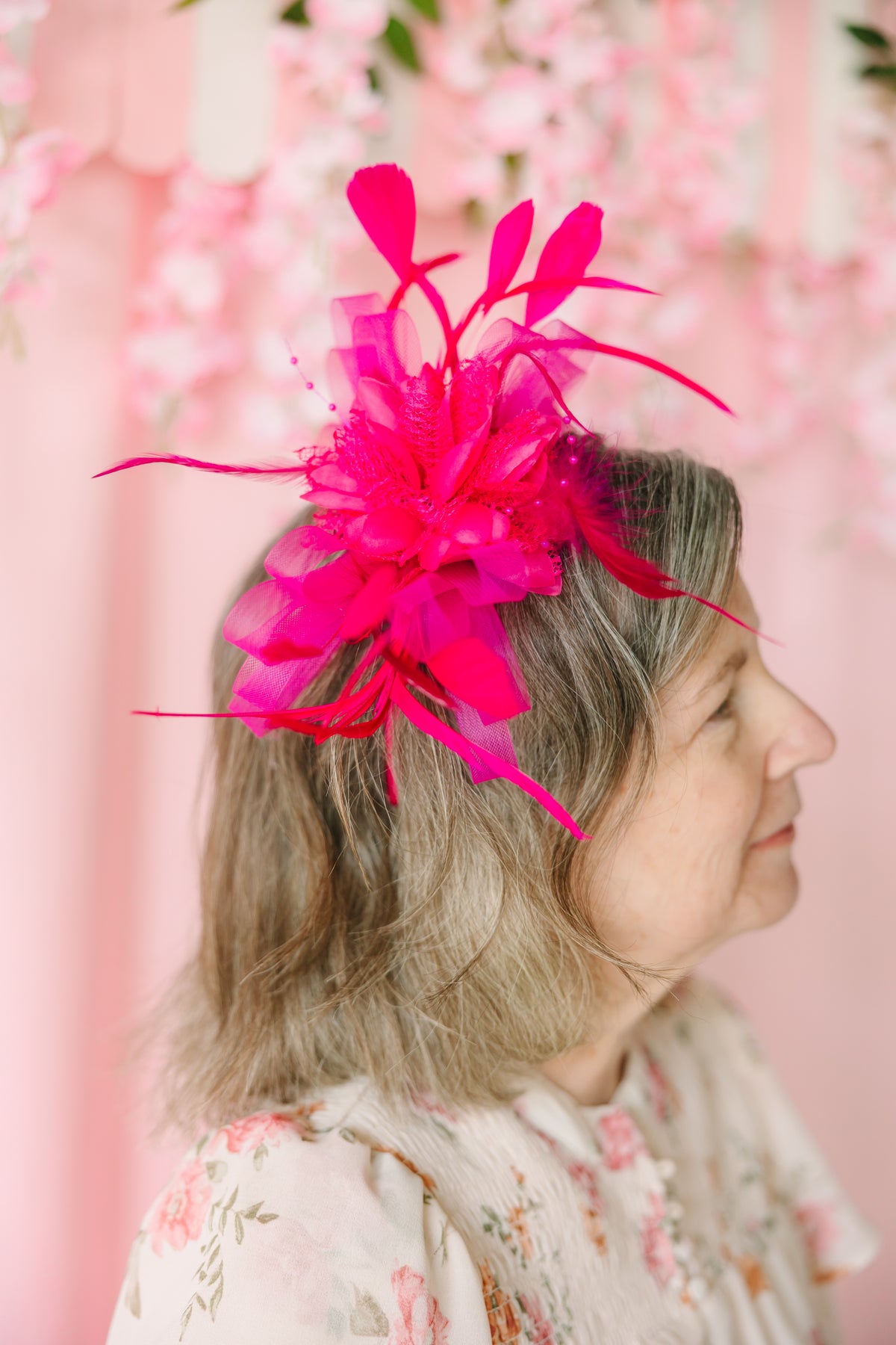 Floral Fascinator Headband w/ Side Loops & Feathers