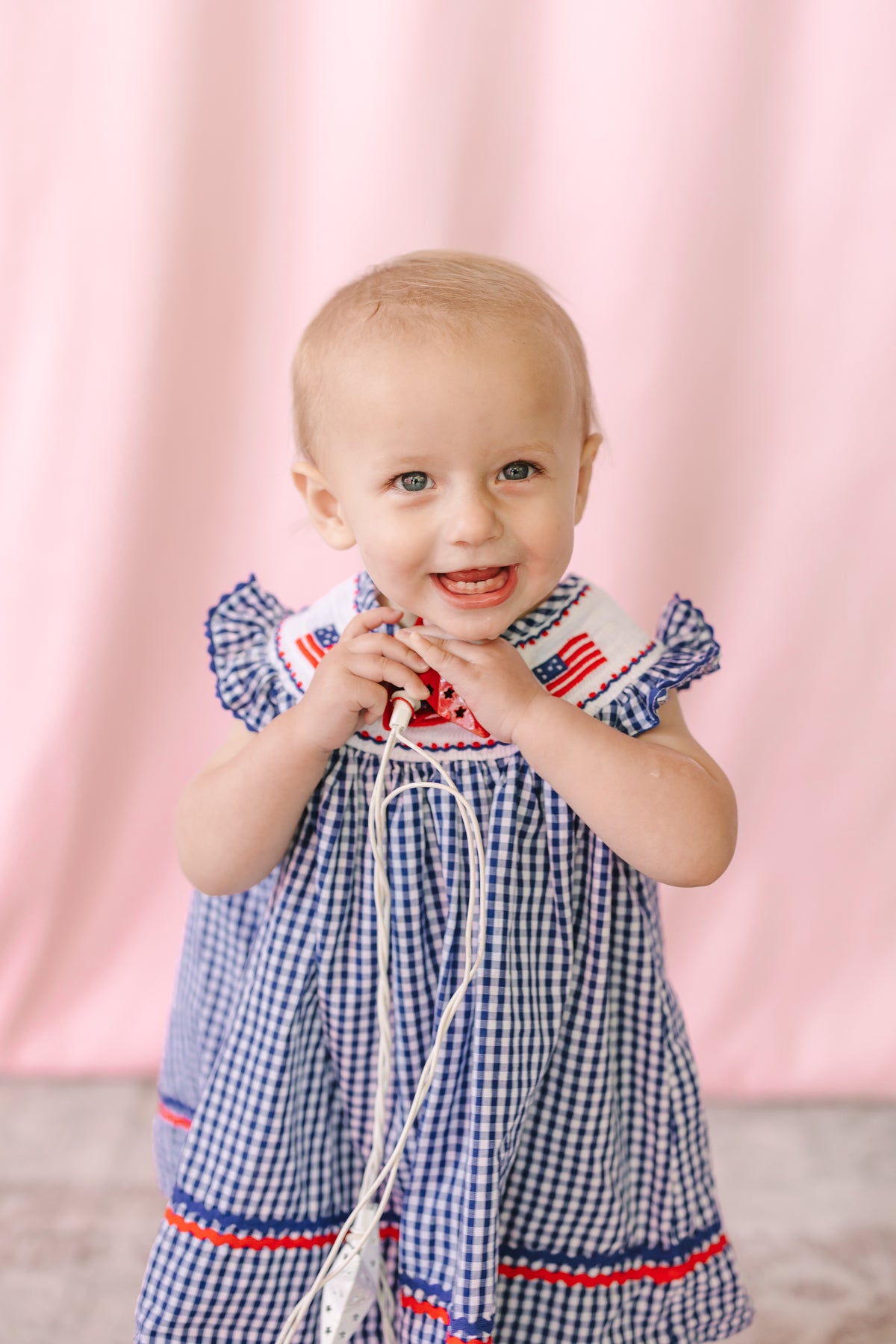 4th of July Royal Blue Gingham American Flag Smocked Bishop Dress, 6-12M