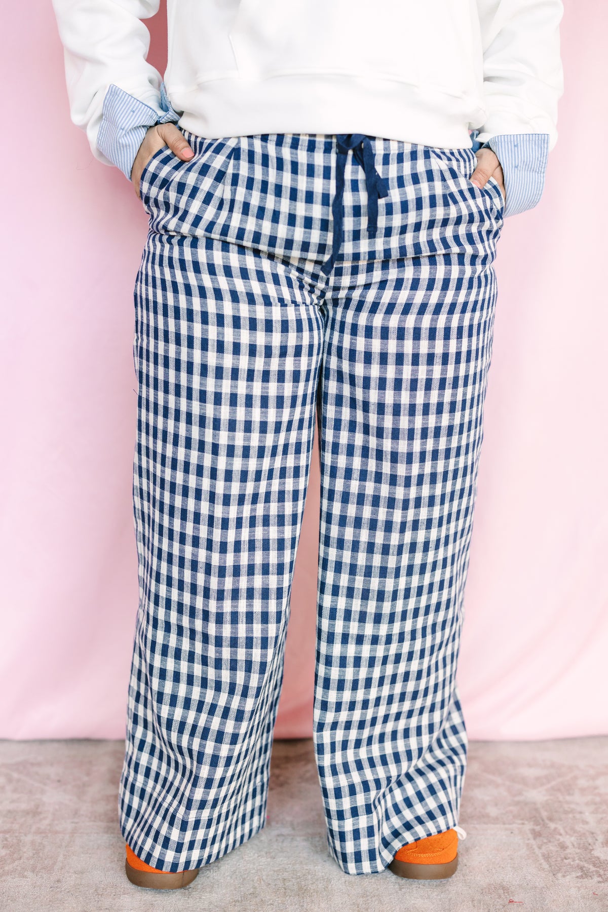 Navy Plaid Wide Leg Pants