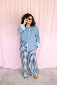 Navy Plaid Wide Leg Pants