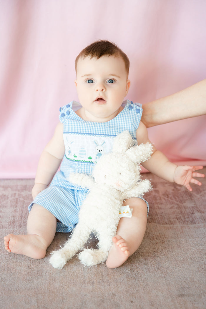 Light Blue Gingham Easter Egg and Bunnies Smocked Shortall
