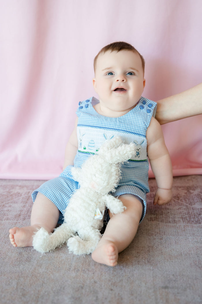 Light Blue Gingham Easter Egg and Bunnies Smocked Shortall