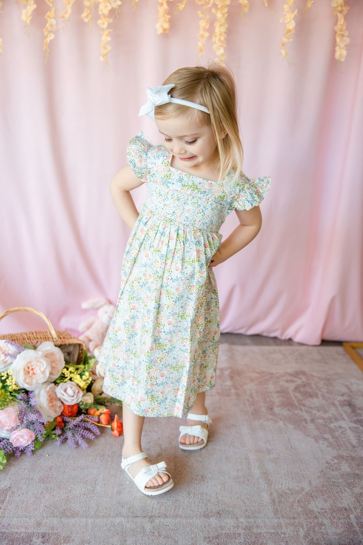 Pink Floral Print Smocked Flutter Dress