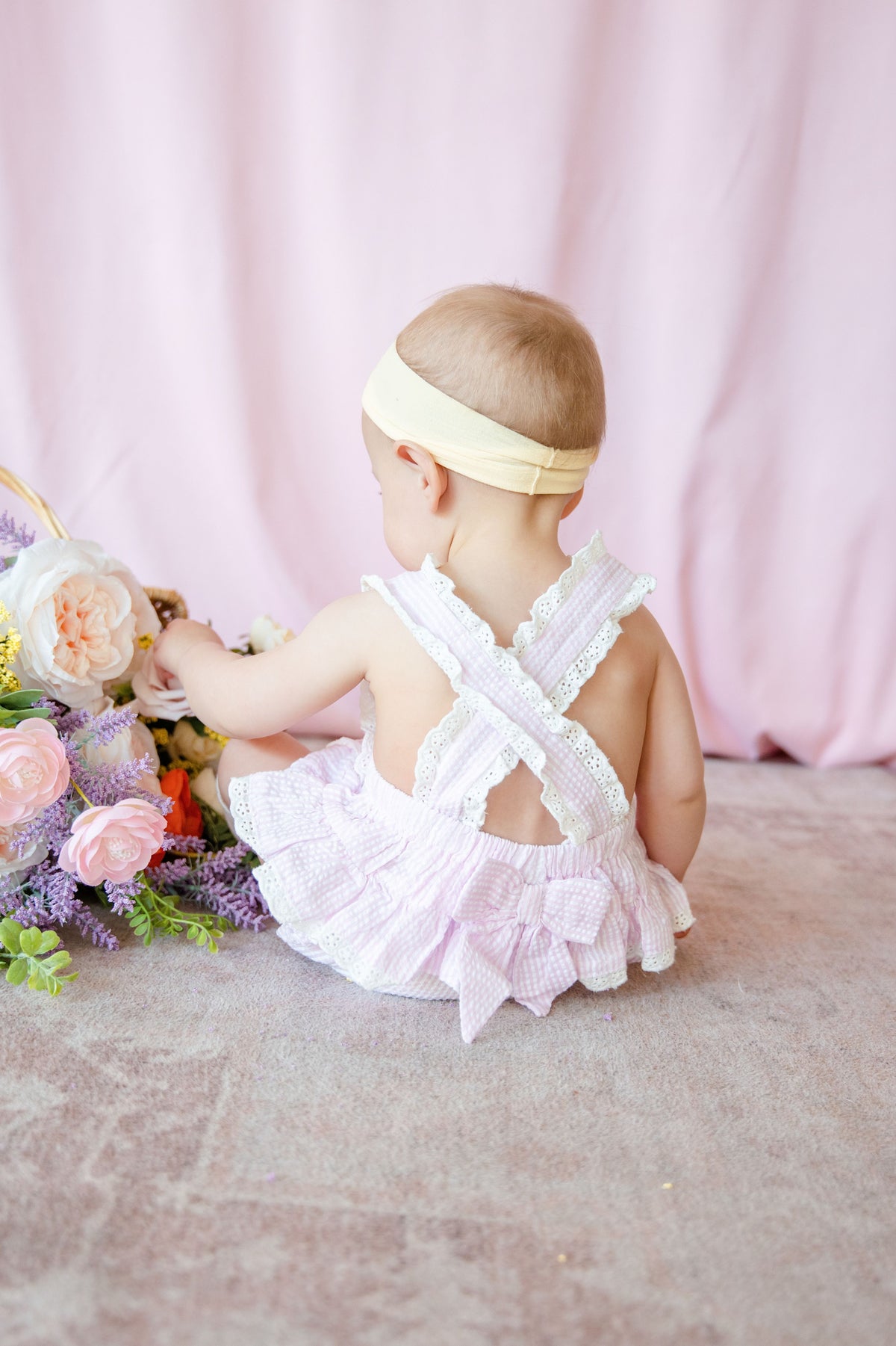 Pink Seersucker Easter Bunny Ruffle Romper