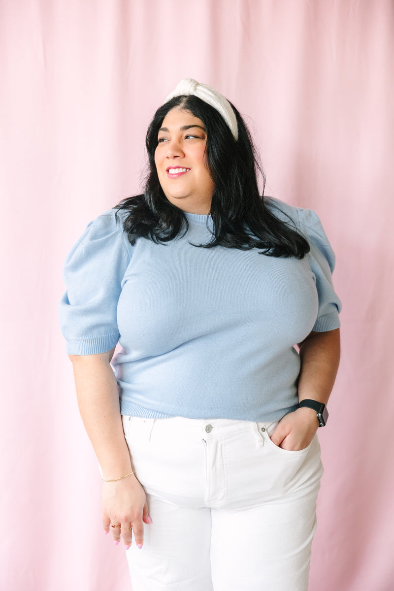 Light Blue Short Sleeve Sweater Top