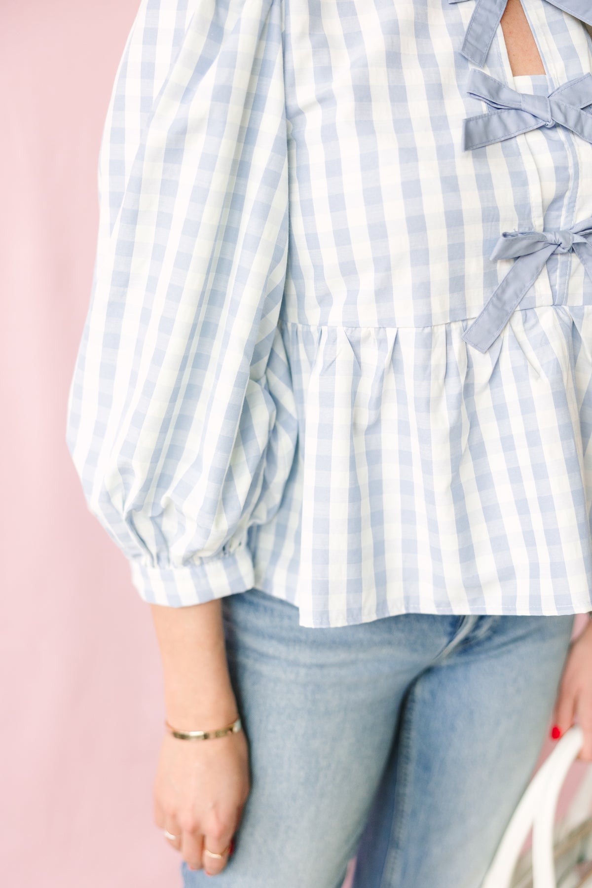 Blue Bow Front Gingham Top