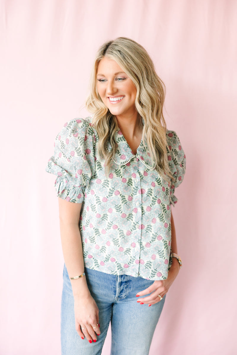 Puff Sleeve Floral Button Up