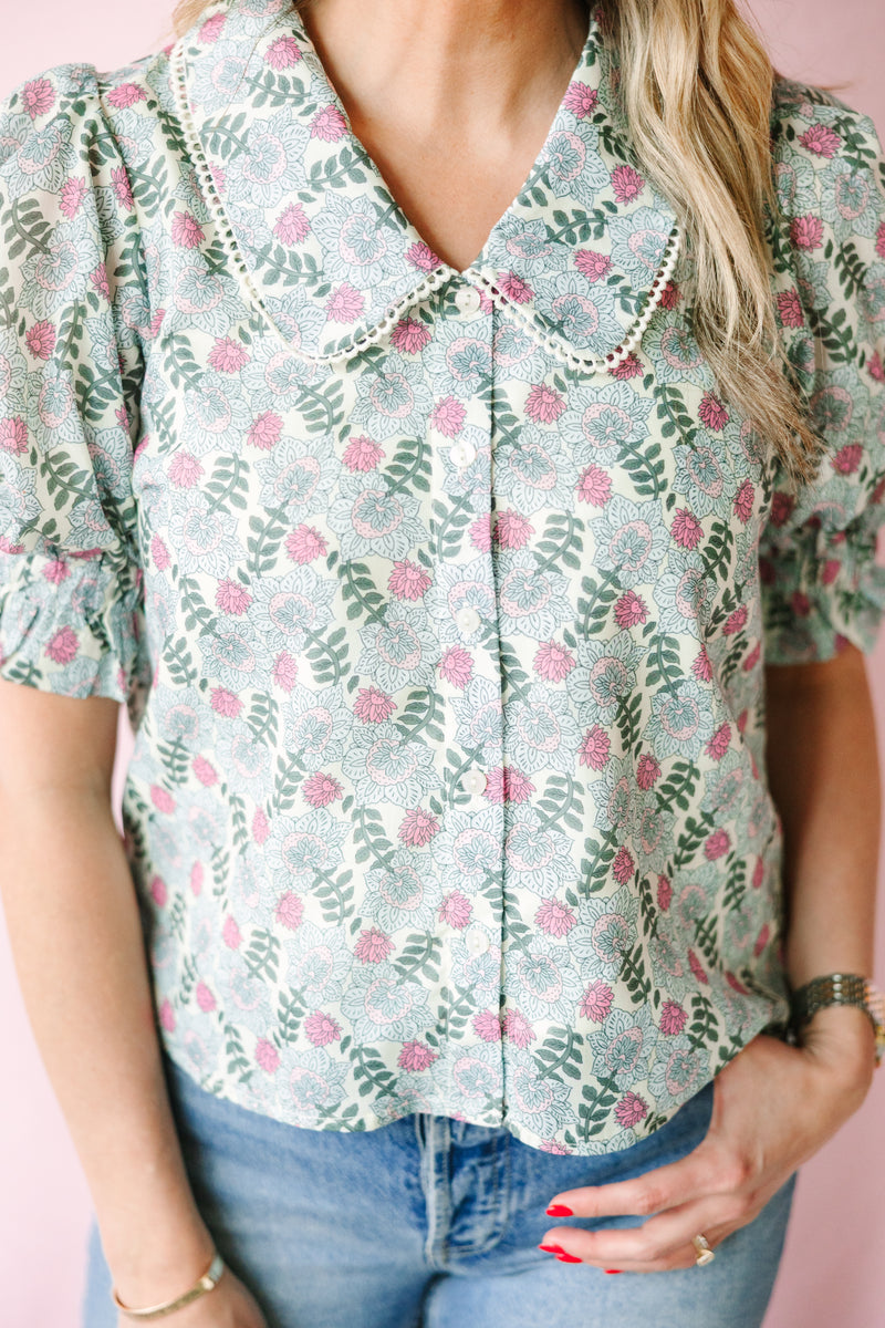 Puff Sleeve Floral Button Up