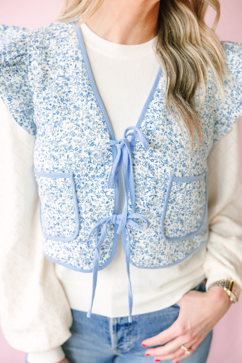 Blue Floral Ruffle Vest