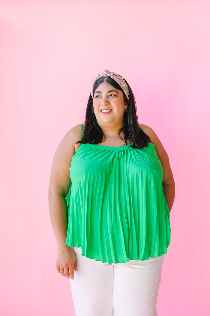 Green Pleated Tank Top with Adjustable Strap