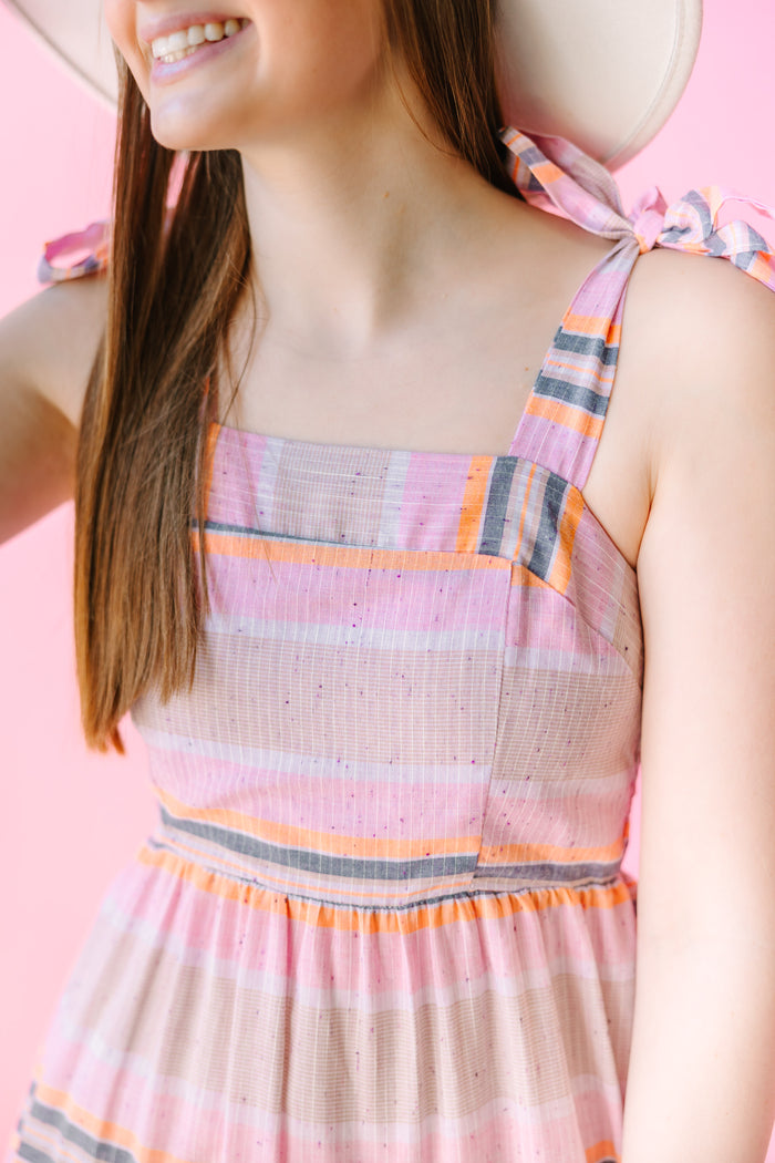 Multi Color Stripe Midi Dress with Tie Detail