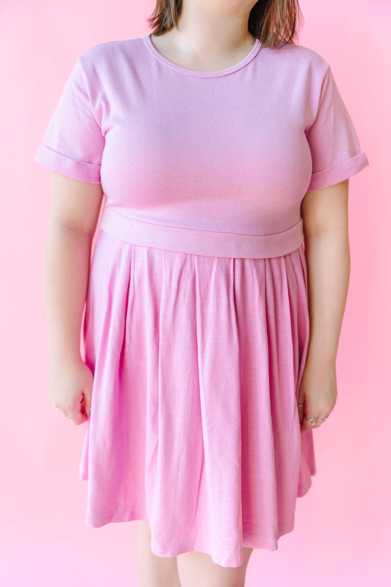 Short Sleeve Sweatshirt Dress- Pink