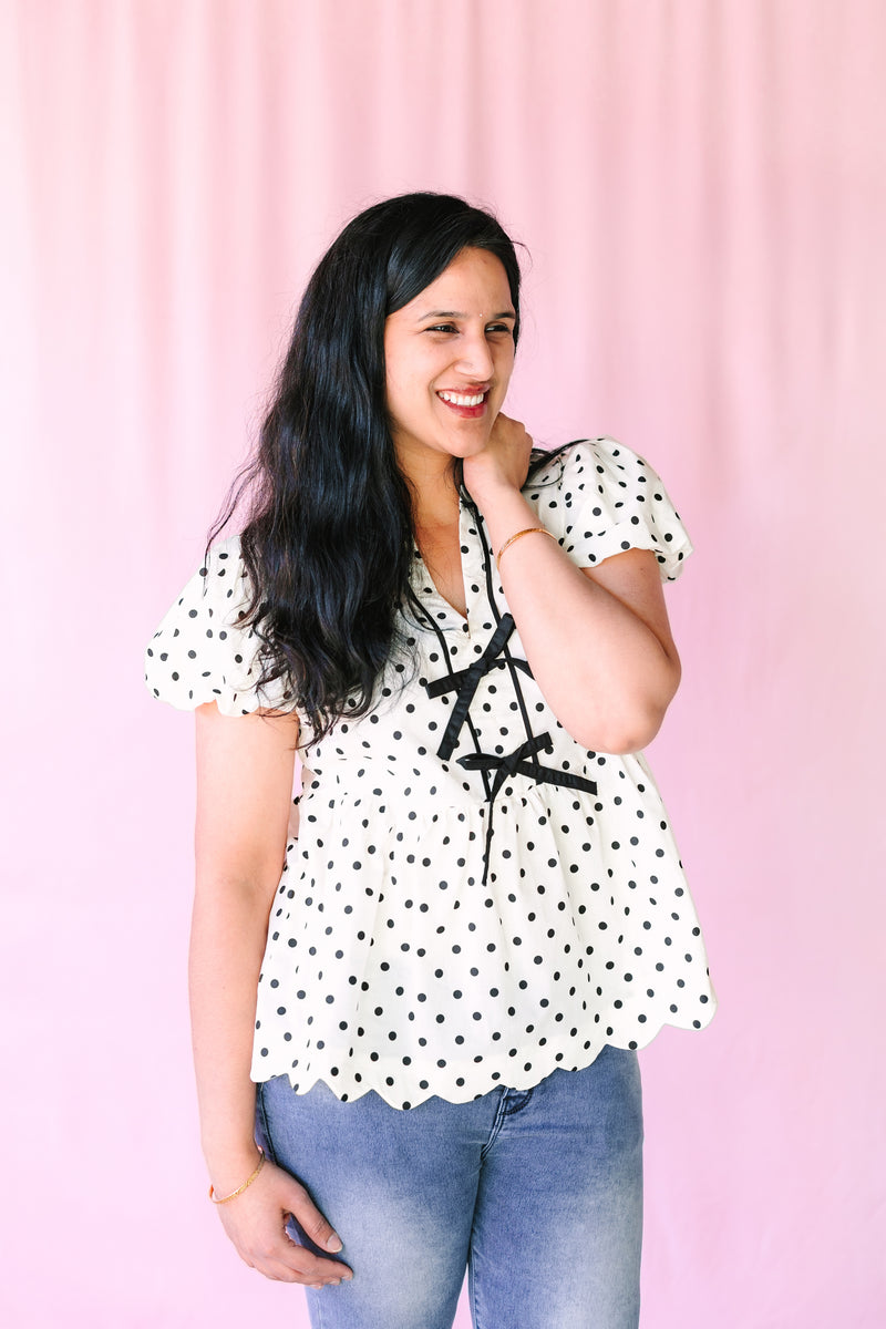 Bubble Sleeve Polka Dot Top