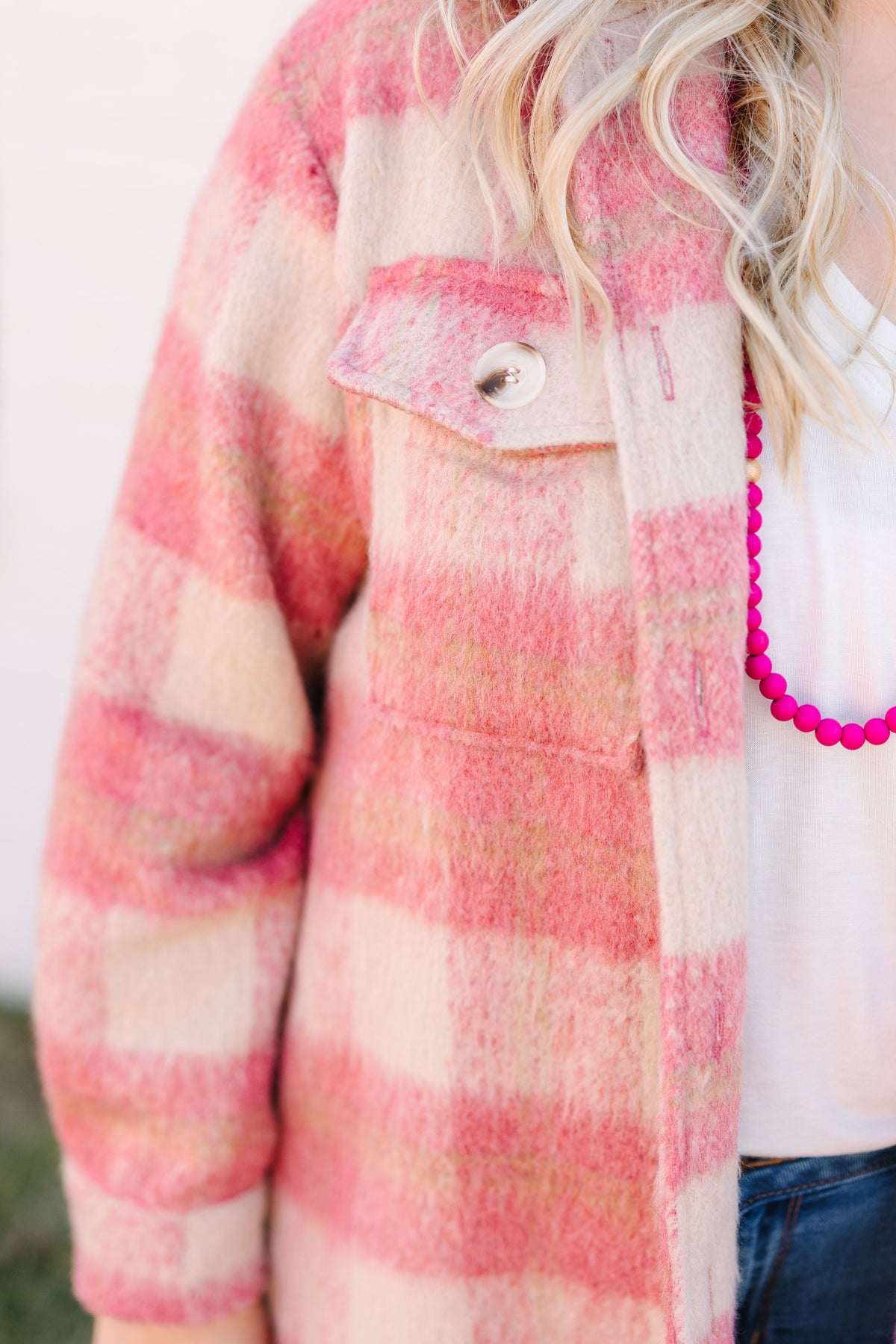 Long Pink Brushed Plaid Coat
