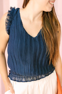 Navy Chiffon Shirred Top