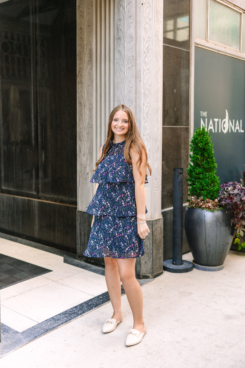 Navy Floral Tiered Mini Dress