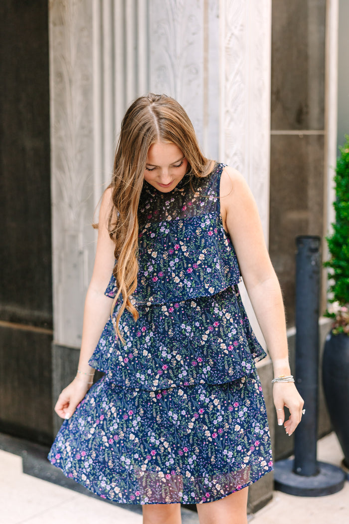 Navy Floral Tiered Mini Dress