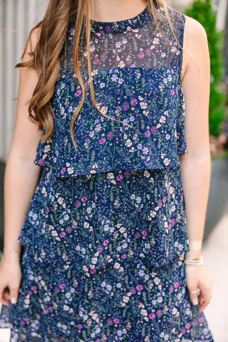 Navy Floral Tiered Mini Dress