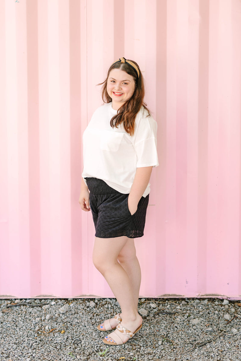 Black Smocked Eyelet Shorts