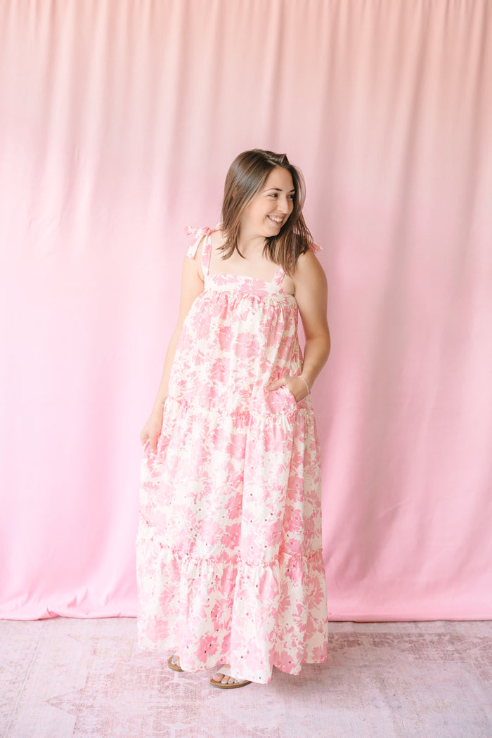Pink Floral Tie Shoulder Maxi Dress