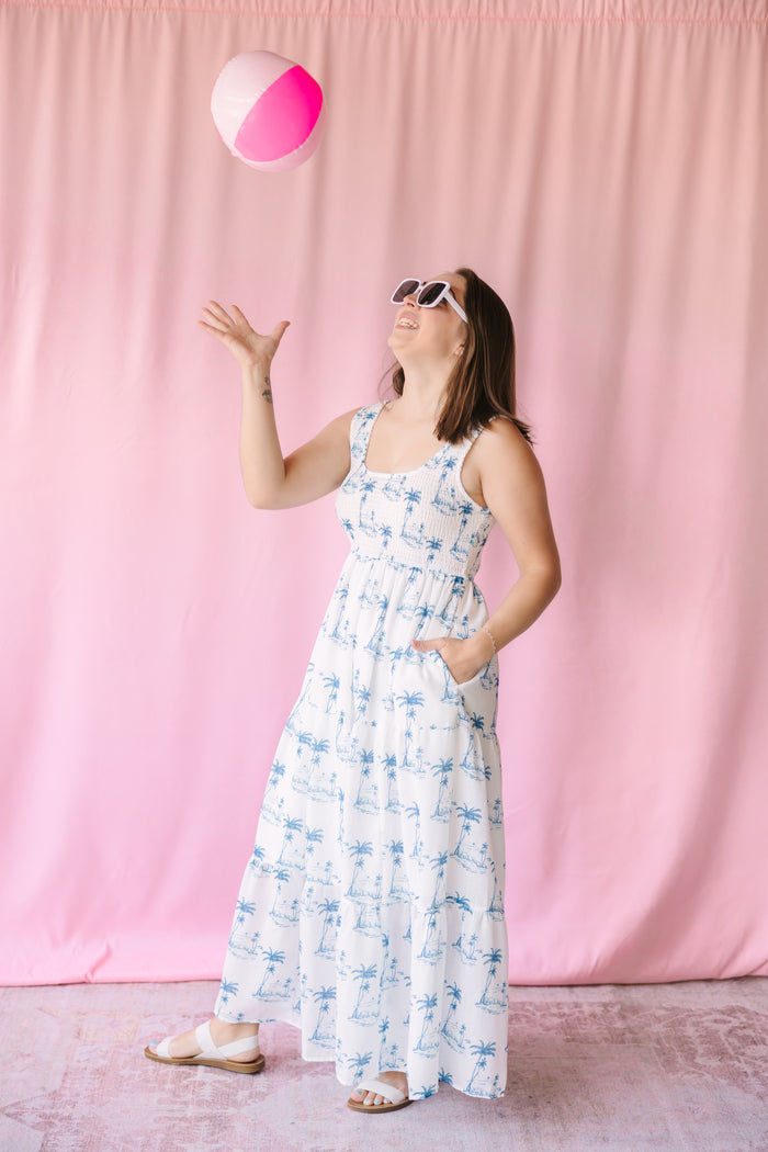 Smocked Bodice Printed Maxi Dress
