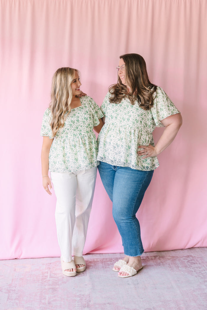 Ivory Green Floral Square Neck Top