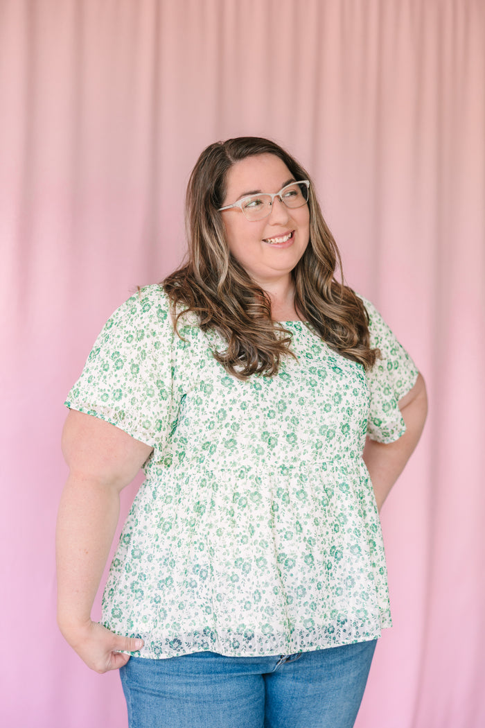 Ivory Green Floral Square Neck Top
