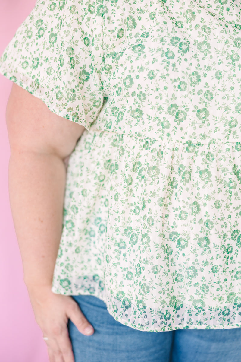 Ivory Green Floral Square Neck Top