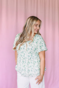 Ivory Green Floral Square Neck Top