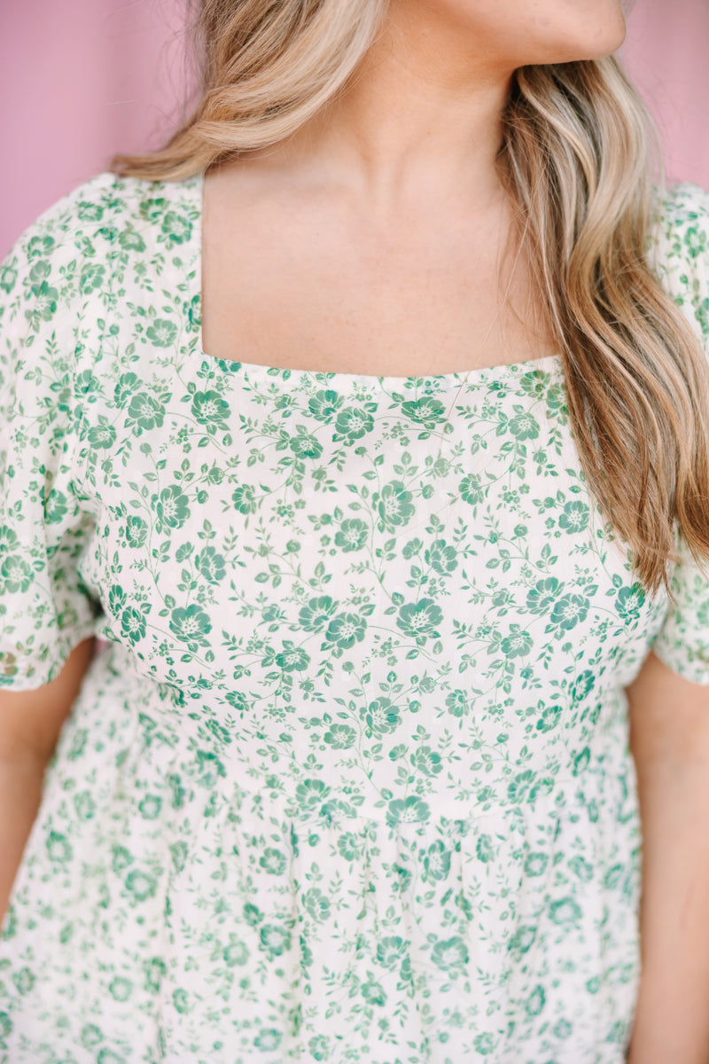Ivory Green Floral Square Neck Top