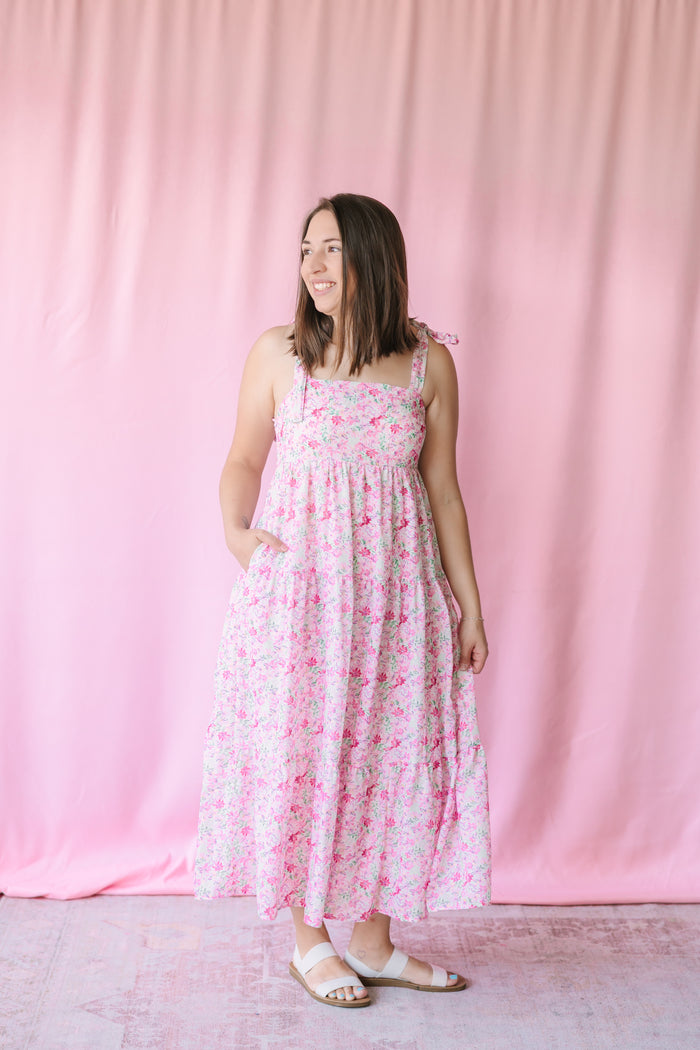 Flower Print Shoulder Tie Maxi Dress