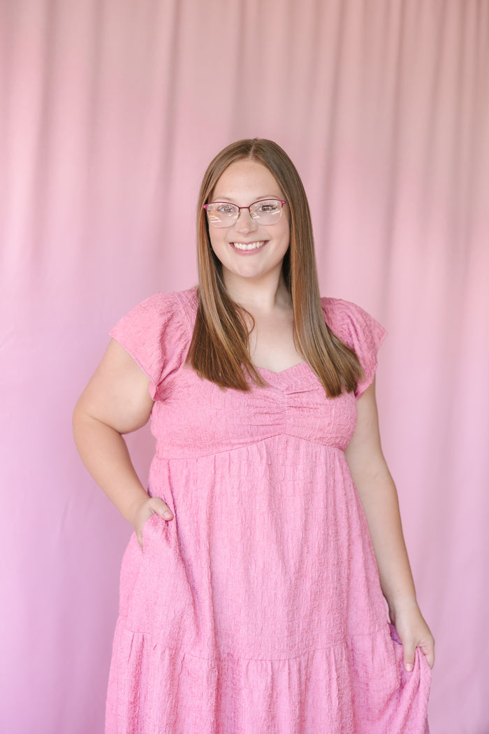 Blush Textured Ruched Bodice Dress