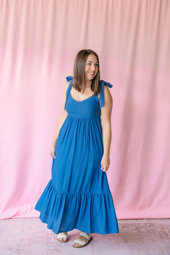 Dusty Blue Eyelet Trim Midi