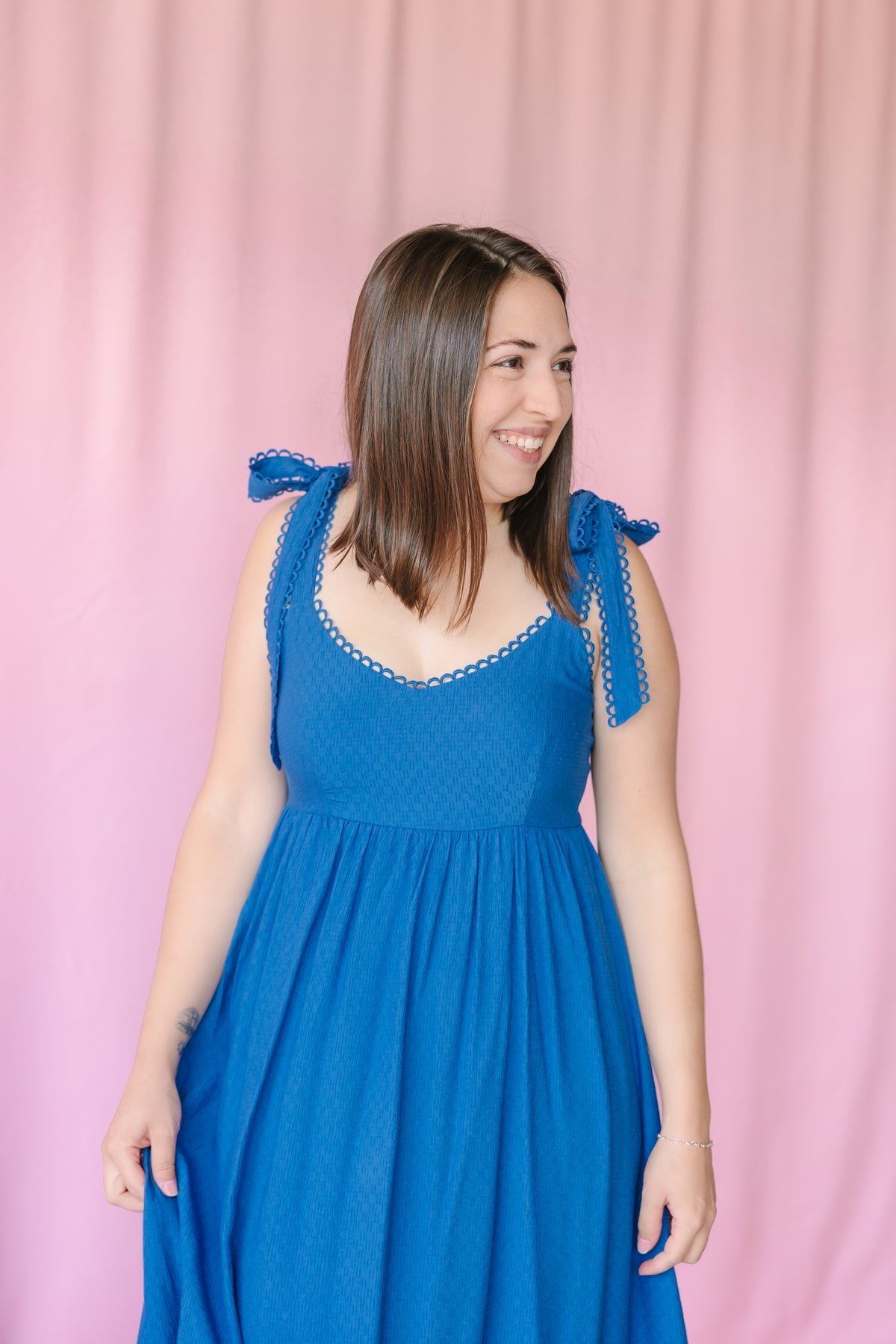 Dusty Blue Eyelet Trim Midi