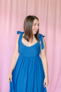 Dusty Blue Eyelet Trim Midi