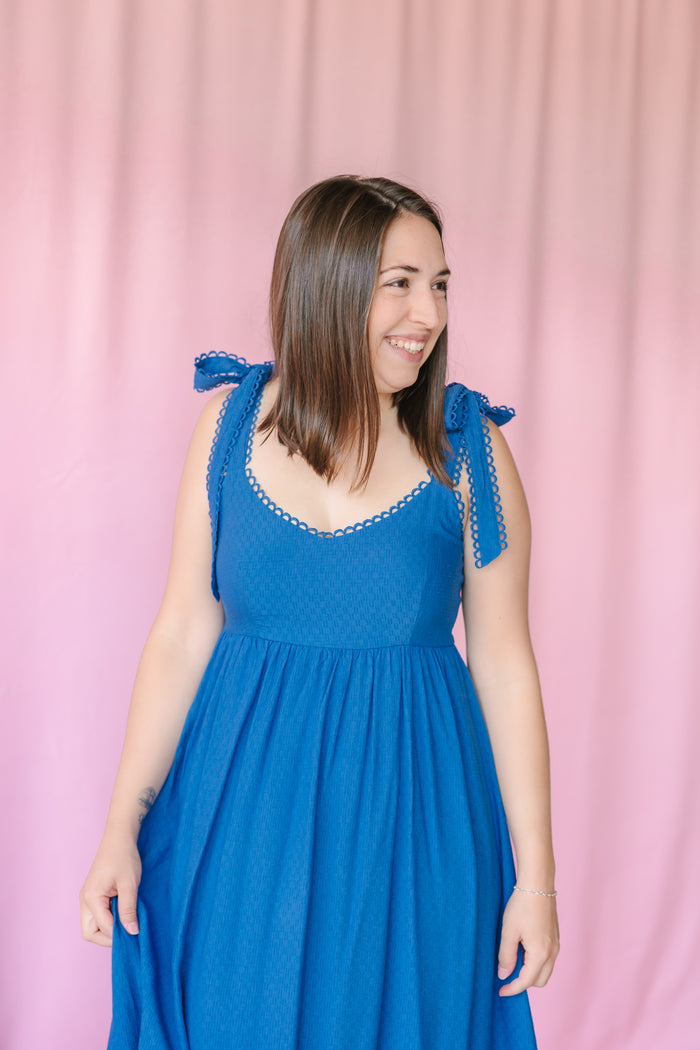 Dusty Blue Eyelet Trim Midi