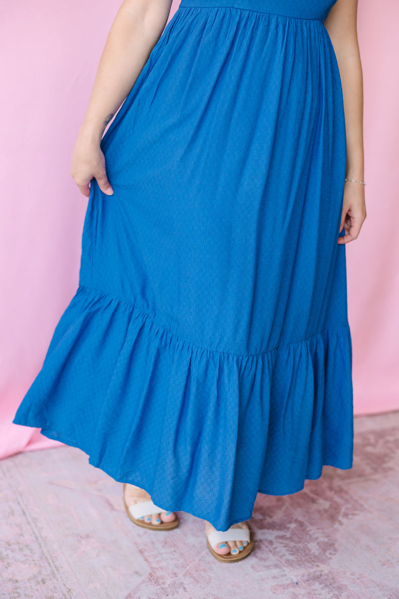 Dusty Blue Eyelet Trim Midi