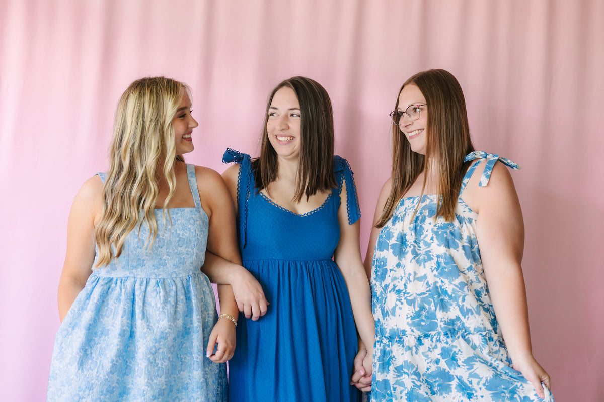 Dusty Blue Eyelet Trim Midi