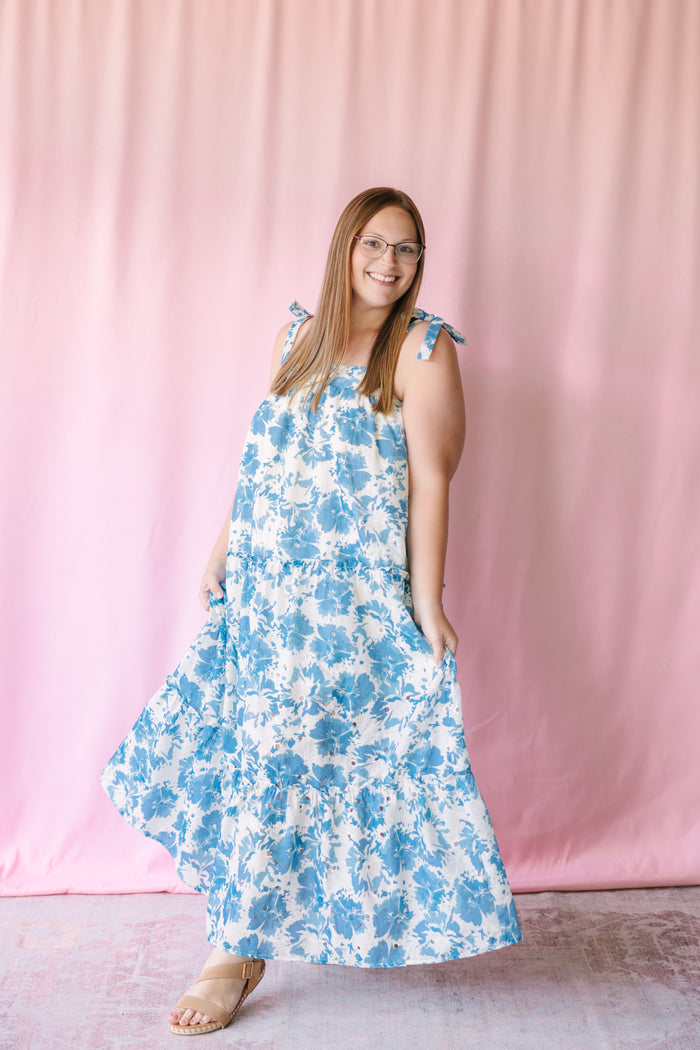 Blue Floral Tie Shoulder Maxi Dress