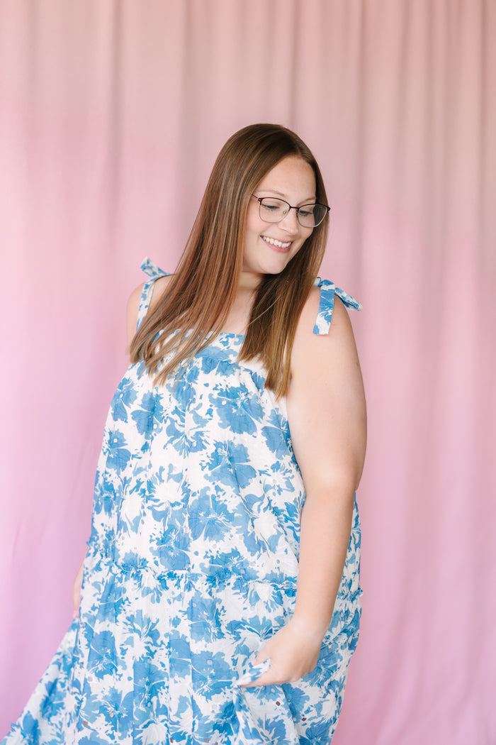 Blue Floral Tie Shoulder Maxi Dress