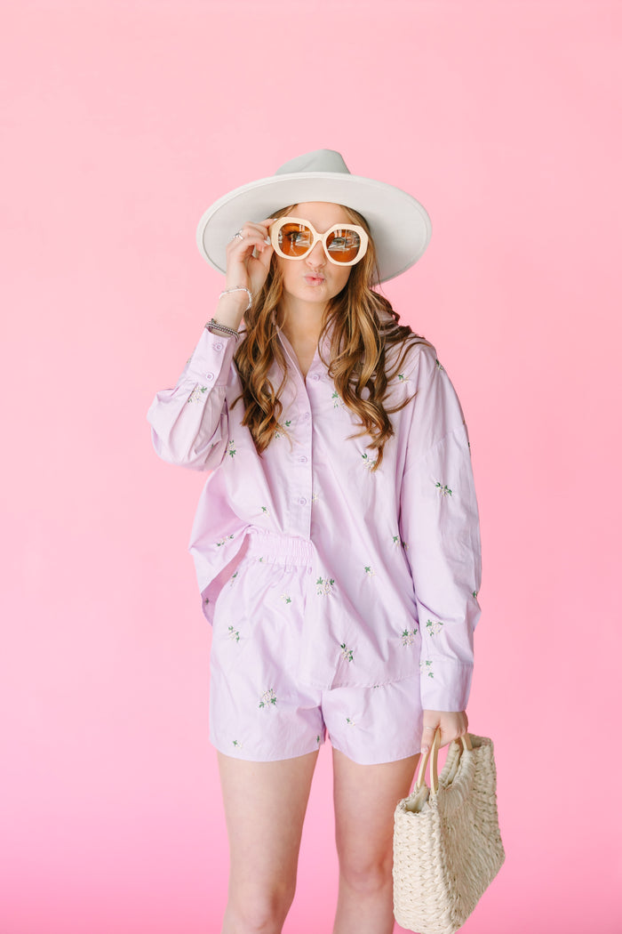 Lilac Floral Embroidered Poplin Shorts