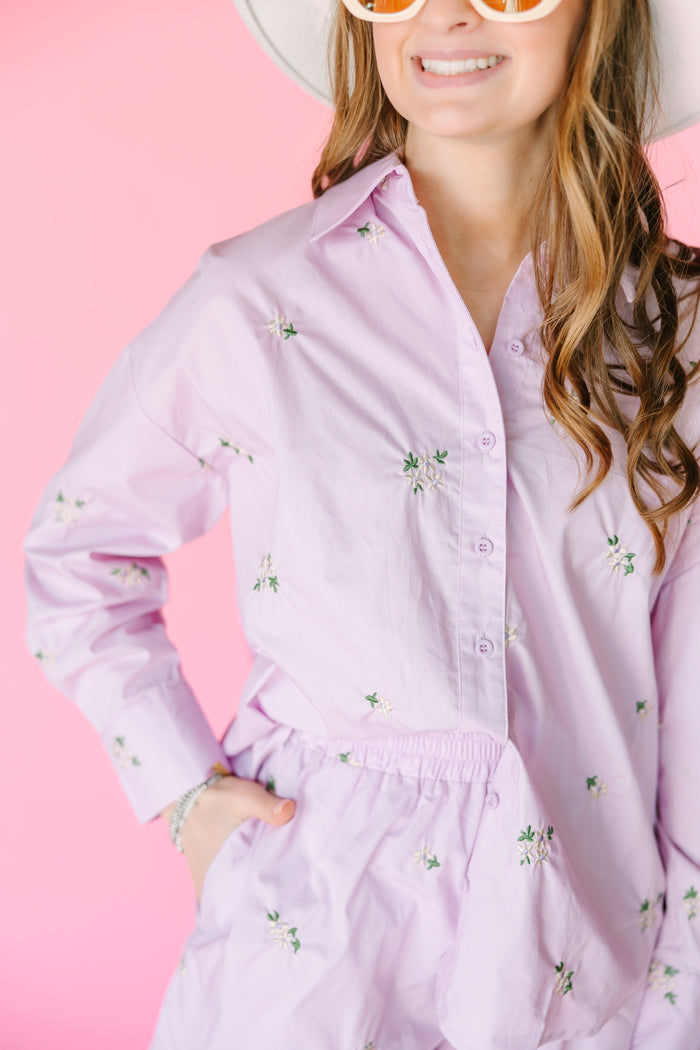 Lilac Floral Embroidered Poplin Shirt