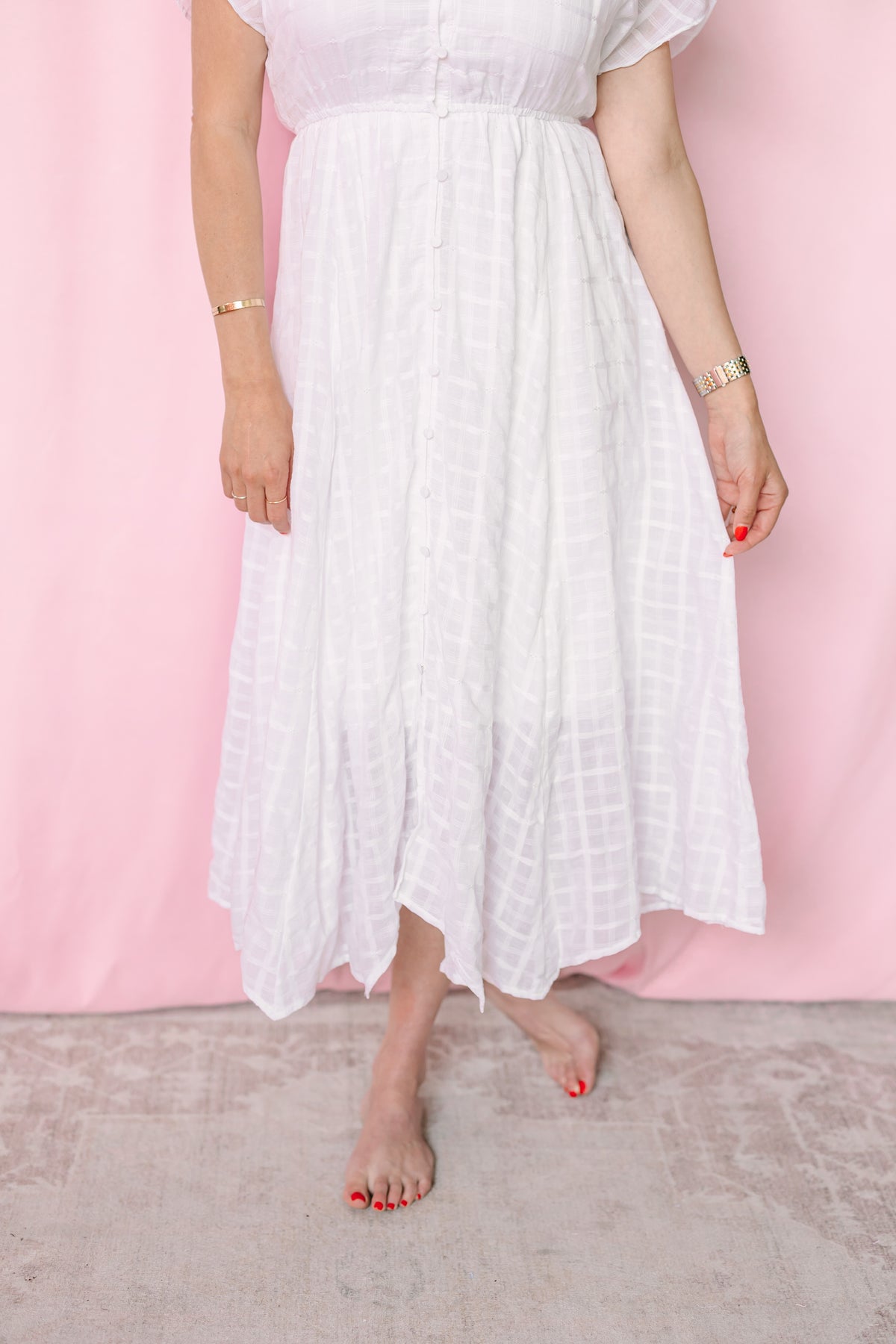 White Button Front Midi Dress