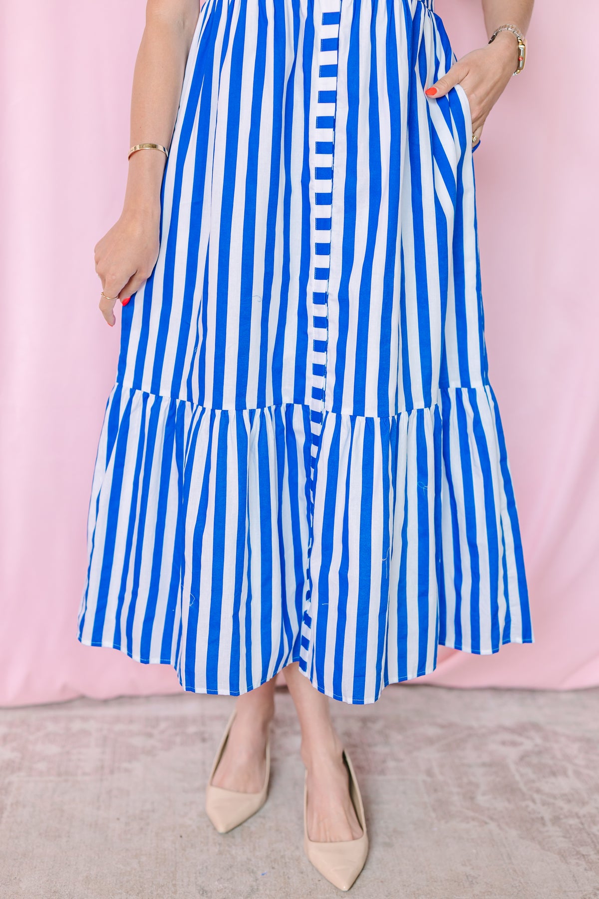 Blue Striped Sleeveless Midi Dress